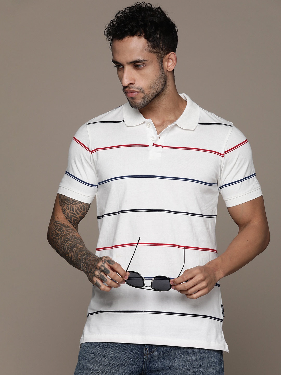 

The Roadster Lifestyle Co. Striped Polo Collar Pure Cotton T-shirt, White