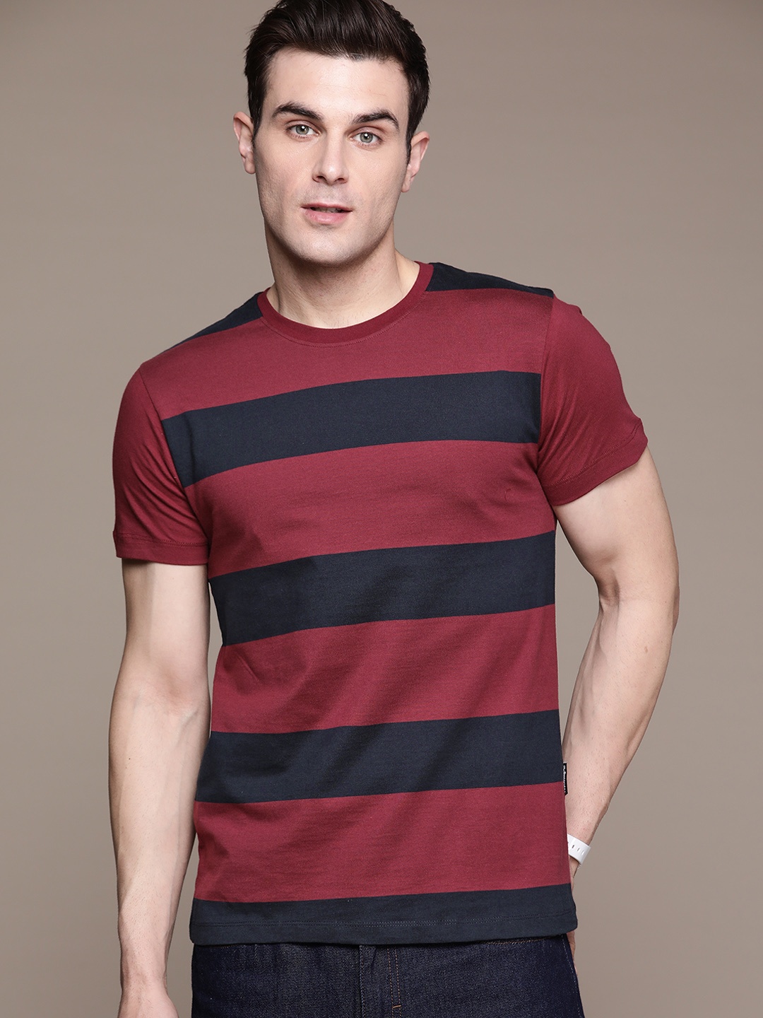 

The Roadster Lifestyle Co. Round Neck Regular Fit Striped T-shirt, Maroon