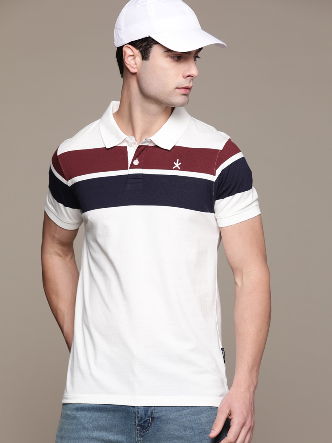 

The Roadster Lifestyle Co. Men Striped Polo Collar T-shirt, White