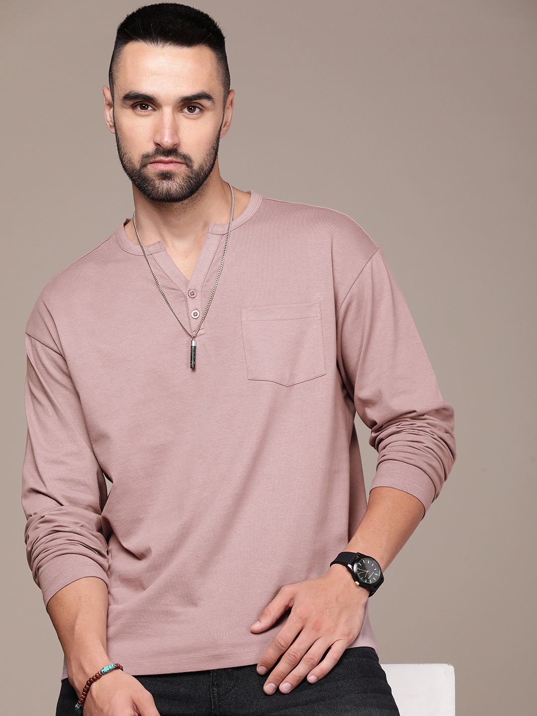 

The Roadster Lifestyle Co. Men Henley Neck Pure Cotton T-shirt, Pink
