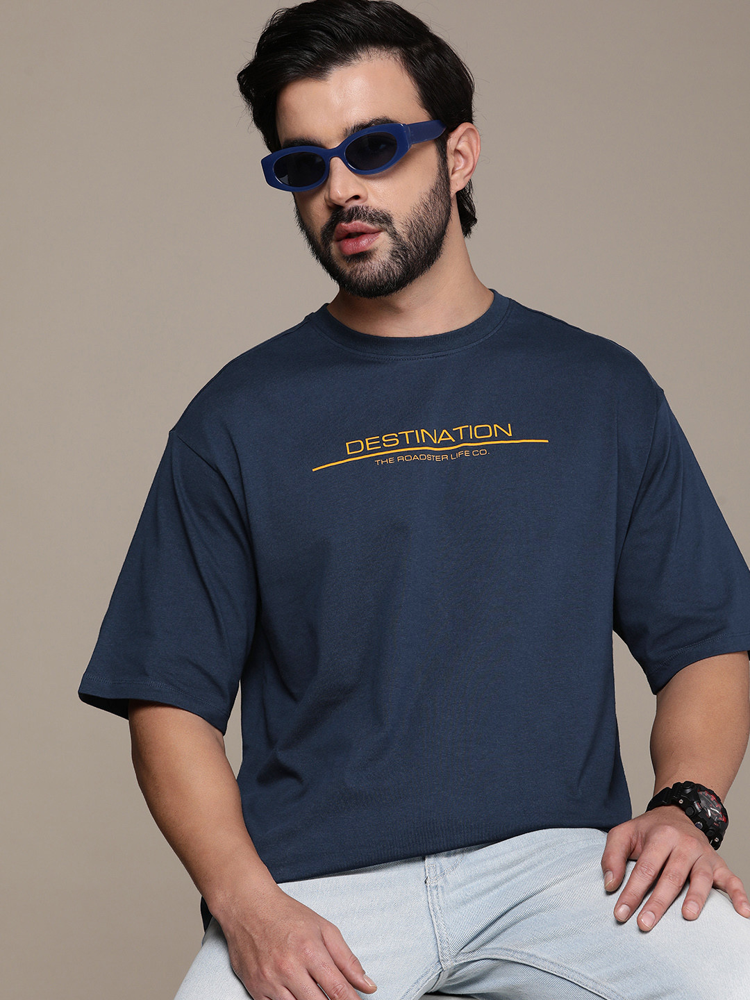 

The Roadster Life Co. Printed Drop-Shoulder Sleeves Pure Cotton Oversized T-shirt, Navy blue