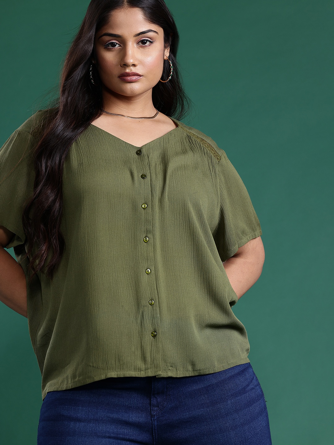 

DressBerry Curve Plus Size V-Neck Lace Inserts Detailed Buttoned Front Top, Olive