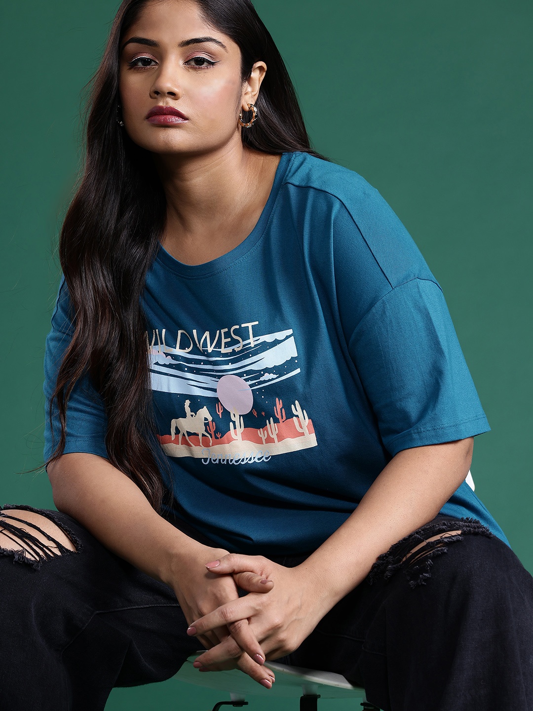 

DressBerry Curve Plus Size Printed Drop-Shoulder Sleeves Oversized Pure Cotton T-shirt, Teal