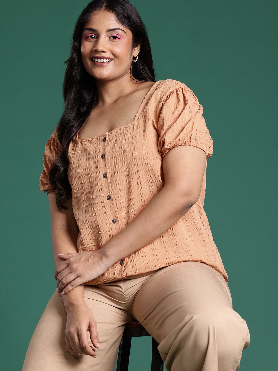 

DressBerry Curve Plus Size Seersucker Shirt Style Top, Peach