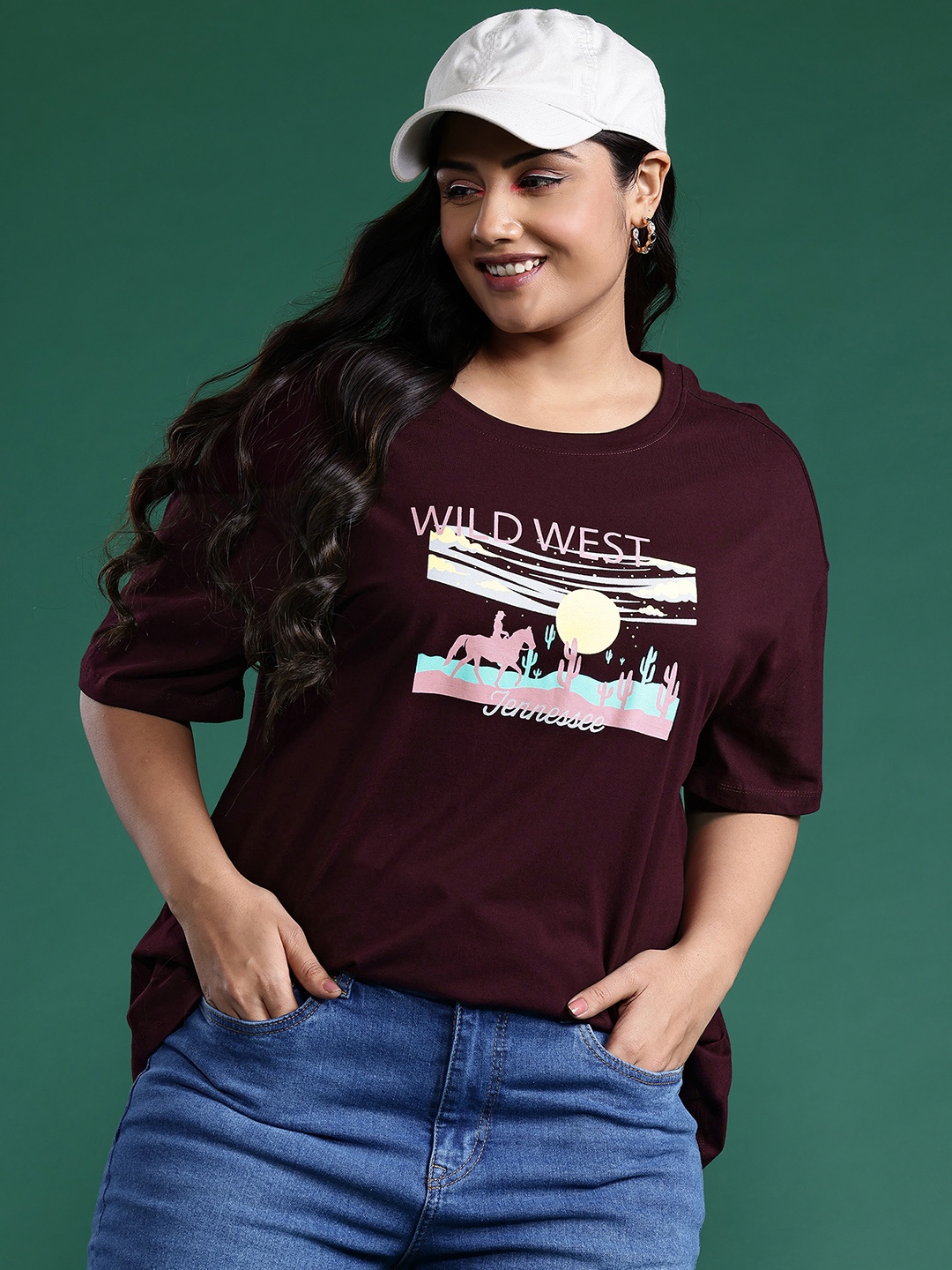 

DressBerry Plus Size Printed Drop-Shoulder Sleeves Oversized Pure Cotton T-shirt, Burgundy