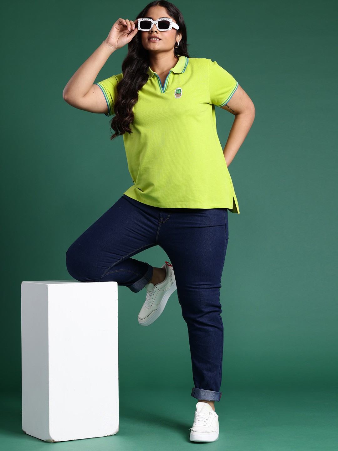 

DressBerry Plus Size Polo Collar Pure Cotton T-shirt, Lime green