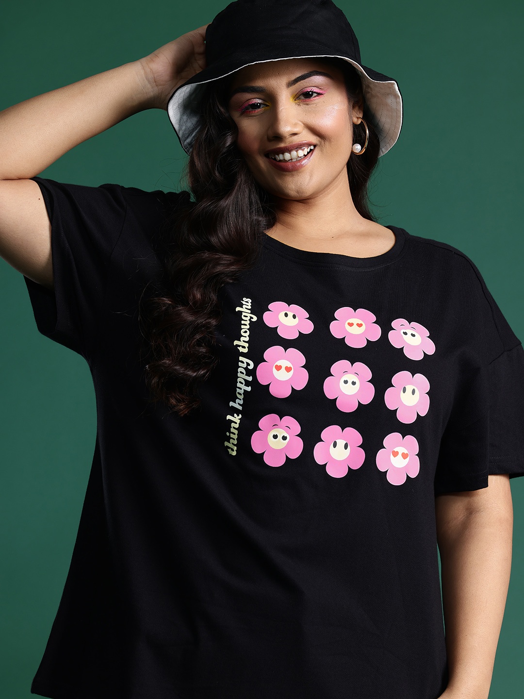 

DressBerry Plus Size Floral Printed Drop-Shoulder Sleeves Pure Cotton T-shirt, Black