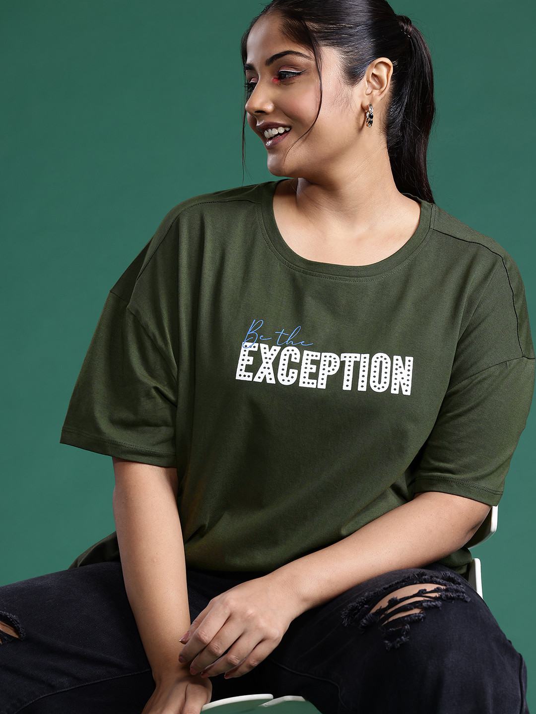 

DressBerry Plus Size Printed Drop-Shoulder Sleeves Oversized Pure Cotton T-shirt, Olive