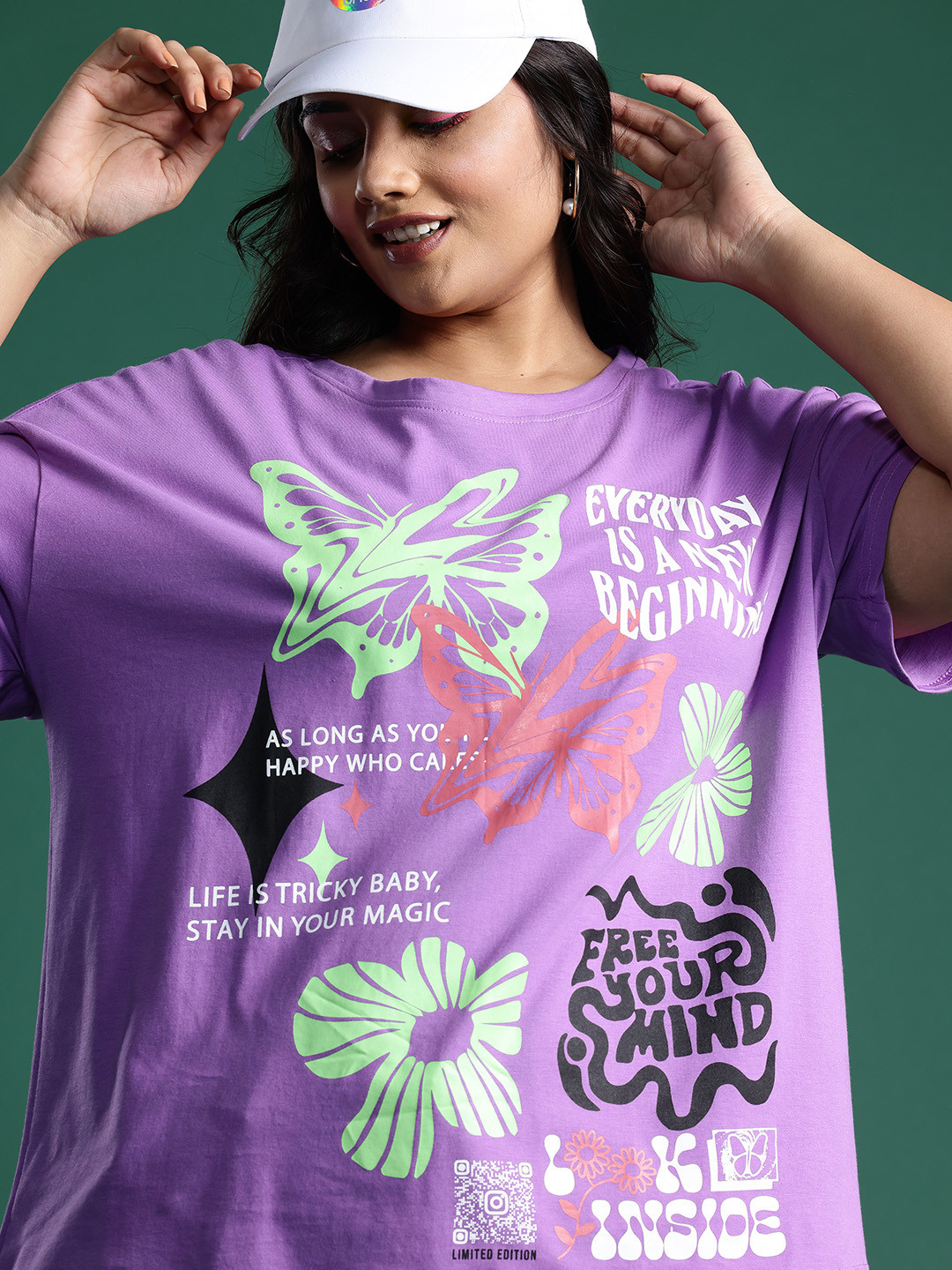 

DressBerry Curve Plus Size Graphic Printed Drop-Shoulder Sleeves Pure Cotton T-shirt, Lavender