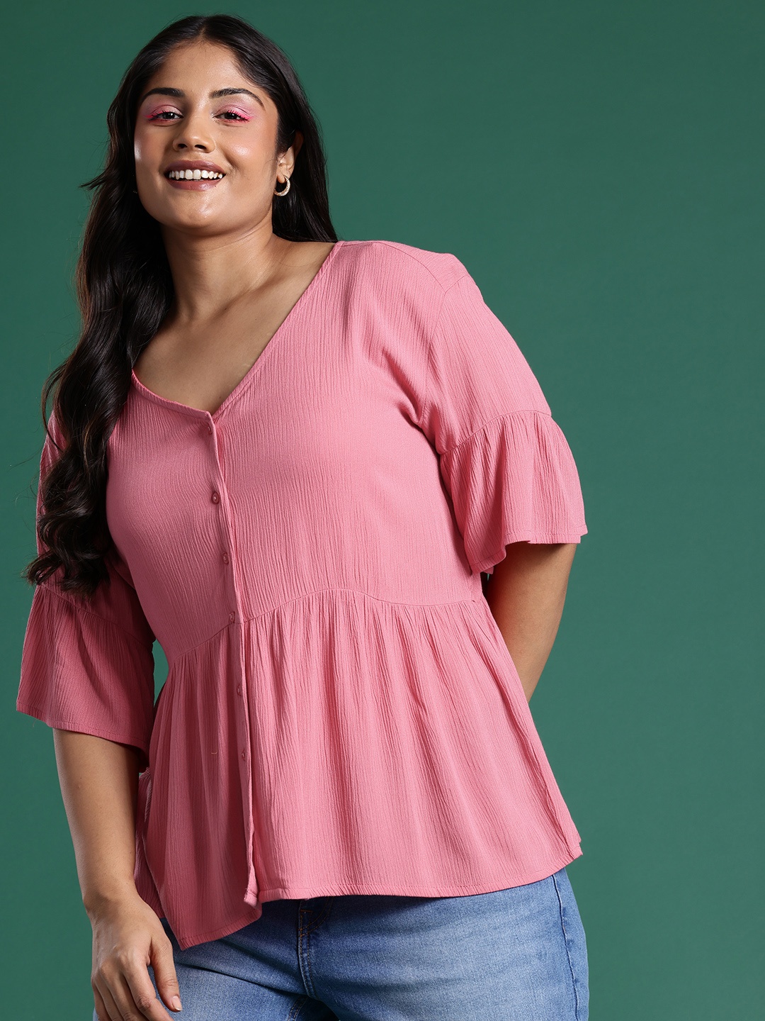 

DressBerry Curve Plus Size Flared Sleeve A-Line Top, Pink