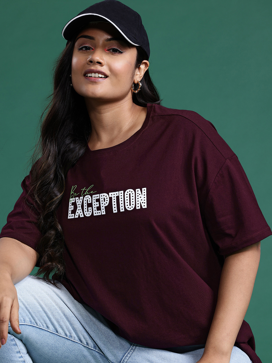 

DressBerry Plus Size Printed Drop-Shoulder Sleeves Oversized Pure Cotton T-shirt, Burgundy