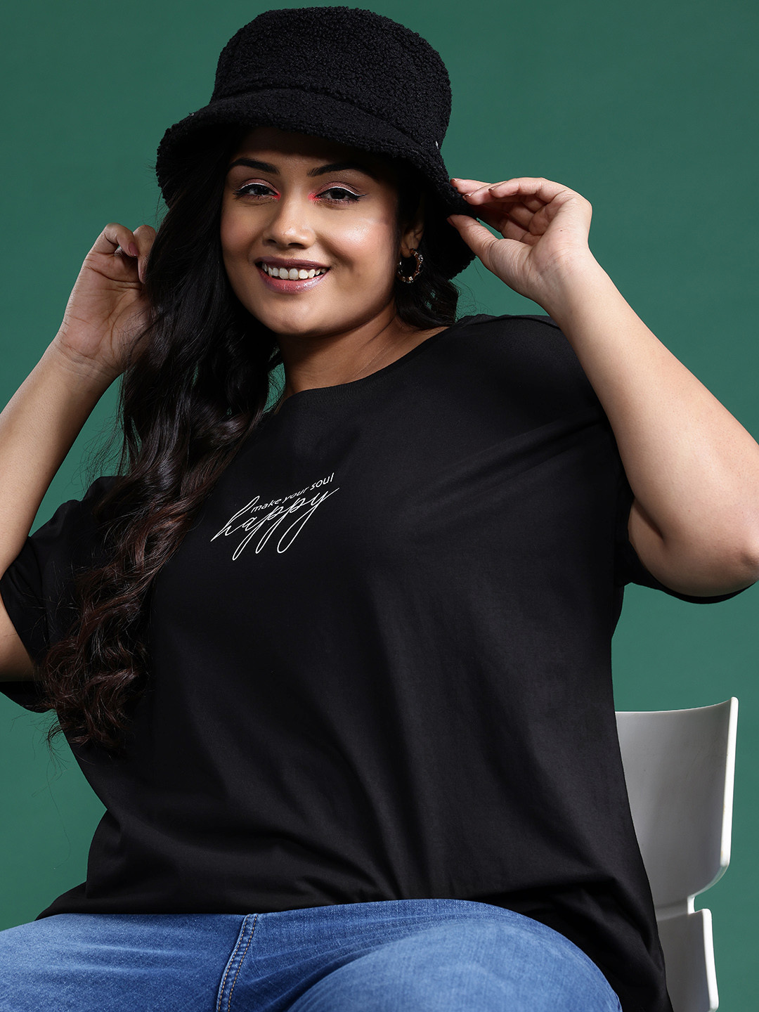 

DressBerry Plus Size Printed Drop-Shoulder Sleeves Oversized Pure Cotton T-shirt, Black