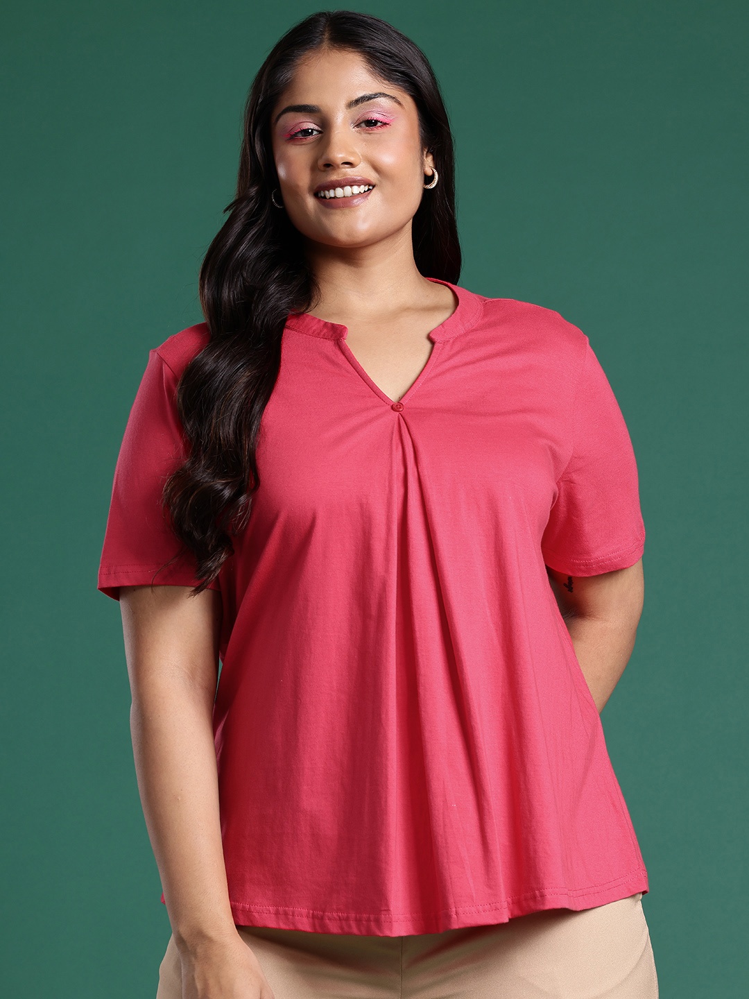 

DressBerry Curve Plus Size Mandarin Collar Pure Cotton Top, Pink