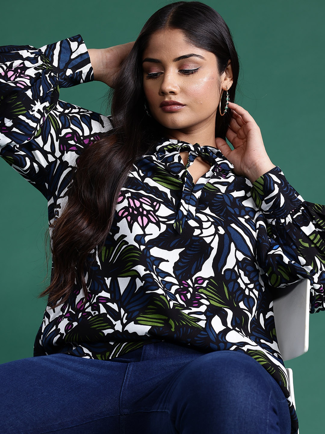 

DressBerry Curve Plus Size Tie-Up Neck Floral Printed Cuffed Sleeves Top, Black