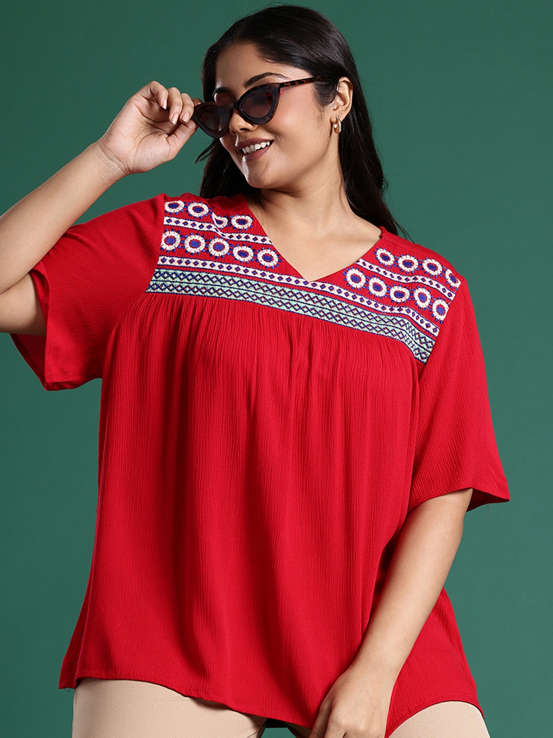

DressBerry Curve Plus Size Embroidered Flared Sleeve Top, Red