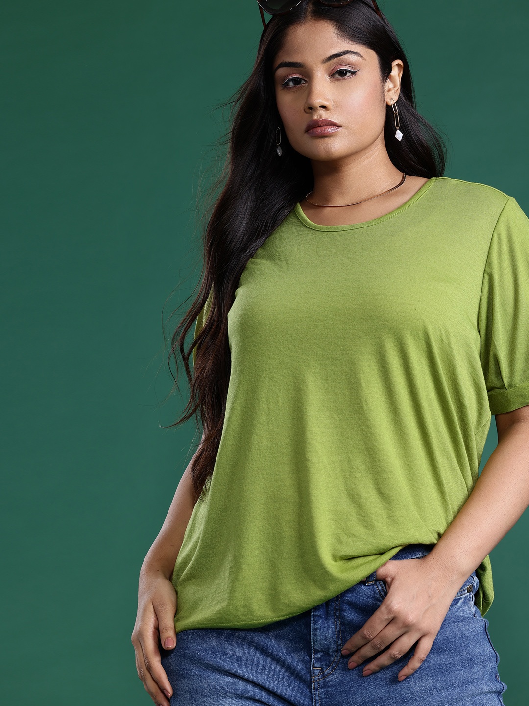 

DressBerry Curve Plus Size Puff Sleeves Top, Green