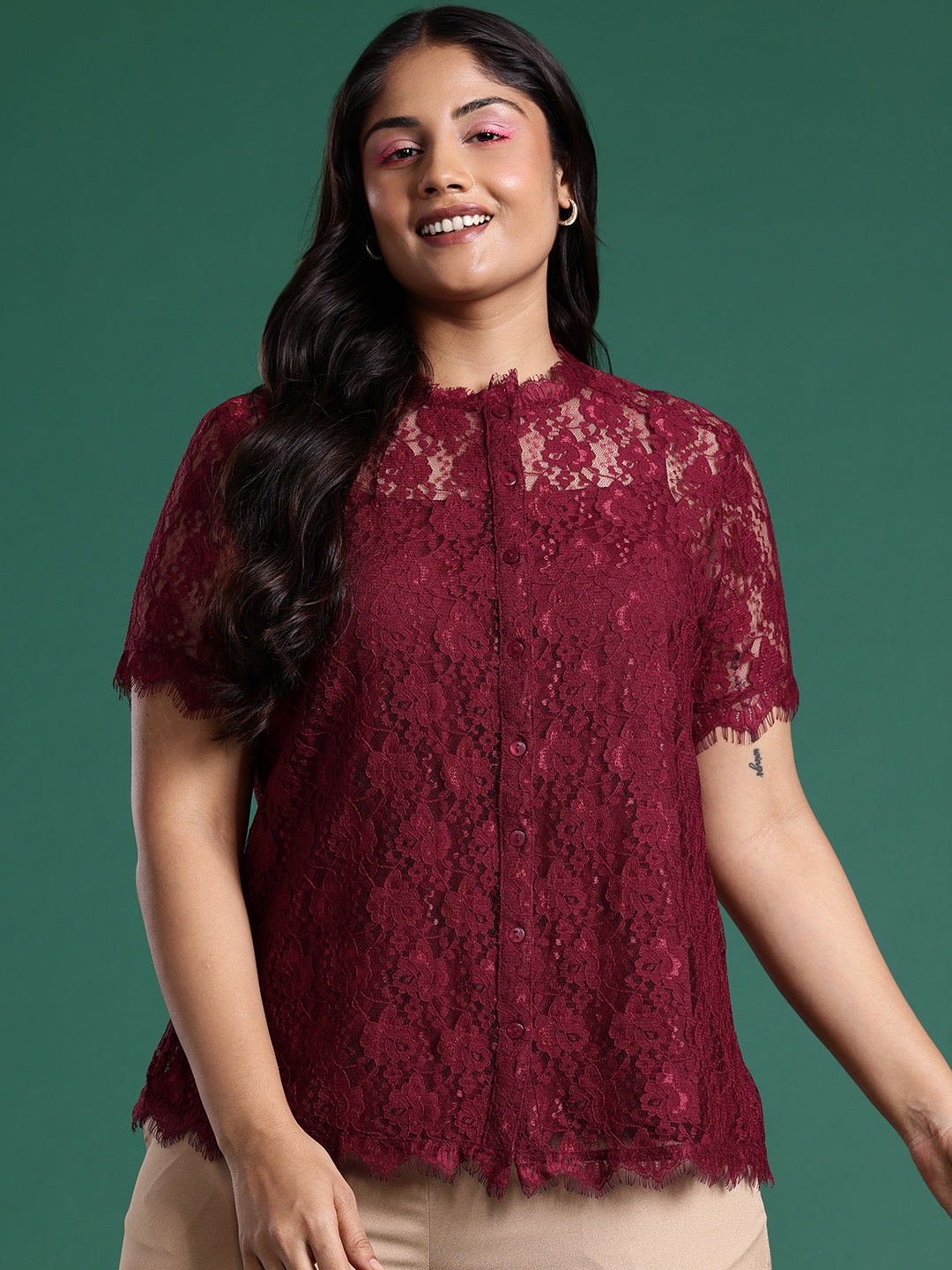 

DressBerry Curve Plus Size Lace Shirt Style Top With Camisole, Maroon