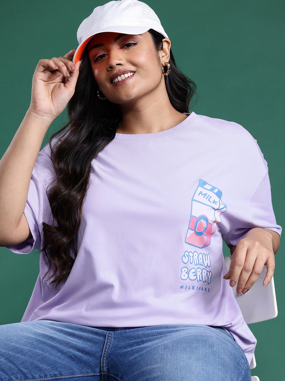 

DressBerry Curve Plus Size Printed Drop-Shoulder Sleeves Oversized Pure Cotton T-shirt, Lavender