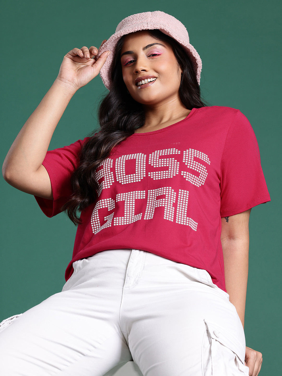 

DressBerry Curve Women Plus Size Typography Printed Pure Cotton T-shirt, Pink
