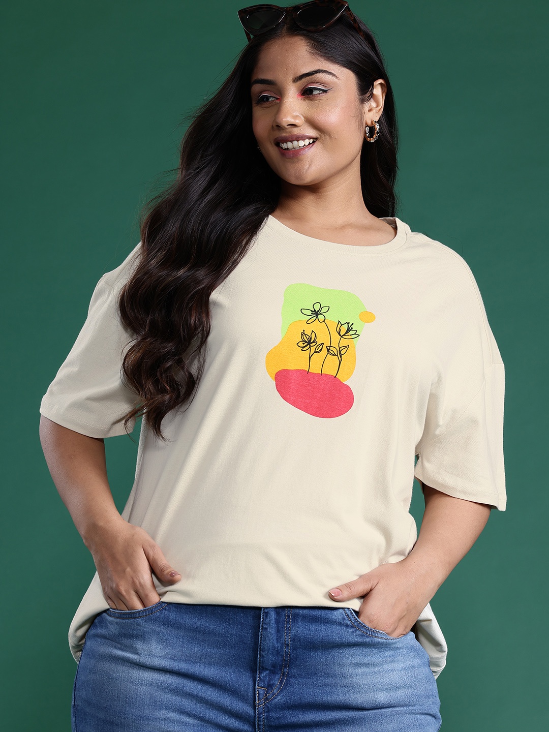 

DressBerry Curve Plus Size Printed Drop-Shoulder Sleeves Oversized Pure Cotton T-shirt, Off white
