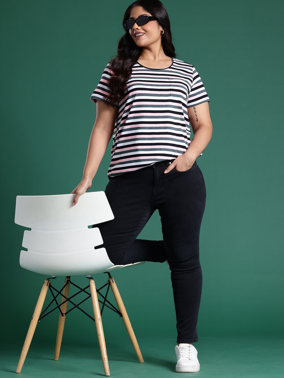 

DressBerry Women Plus Size Striped Pockets T-shirt, White