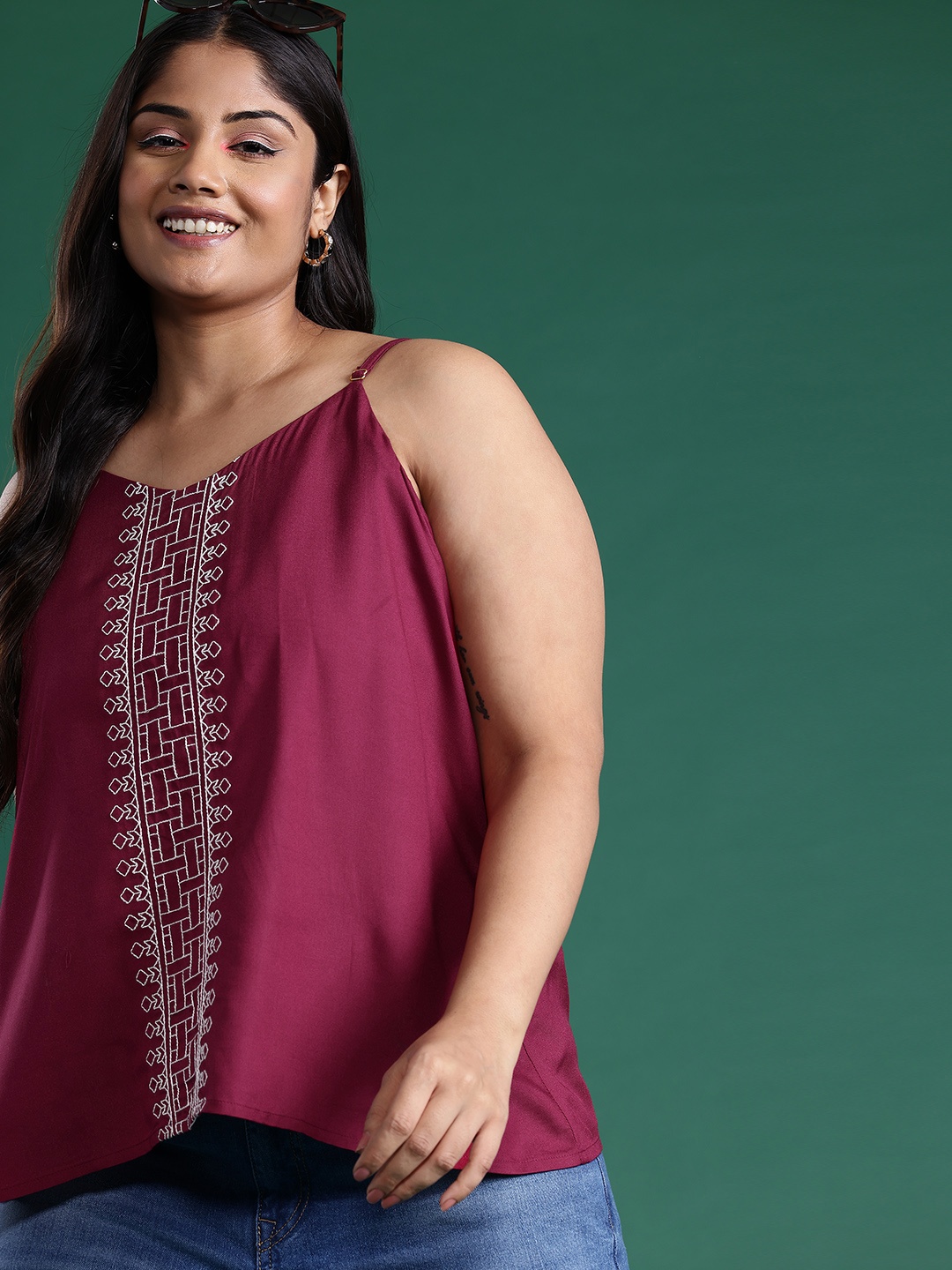 

DressBerry Curve Plus Size Shoulder Straps Embroidered Top, Burgundy