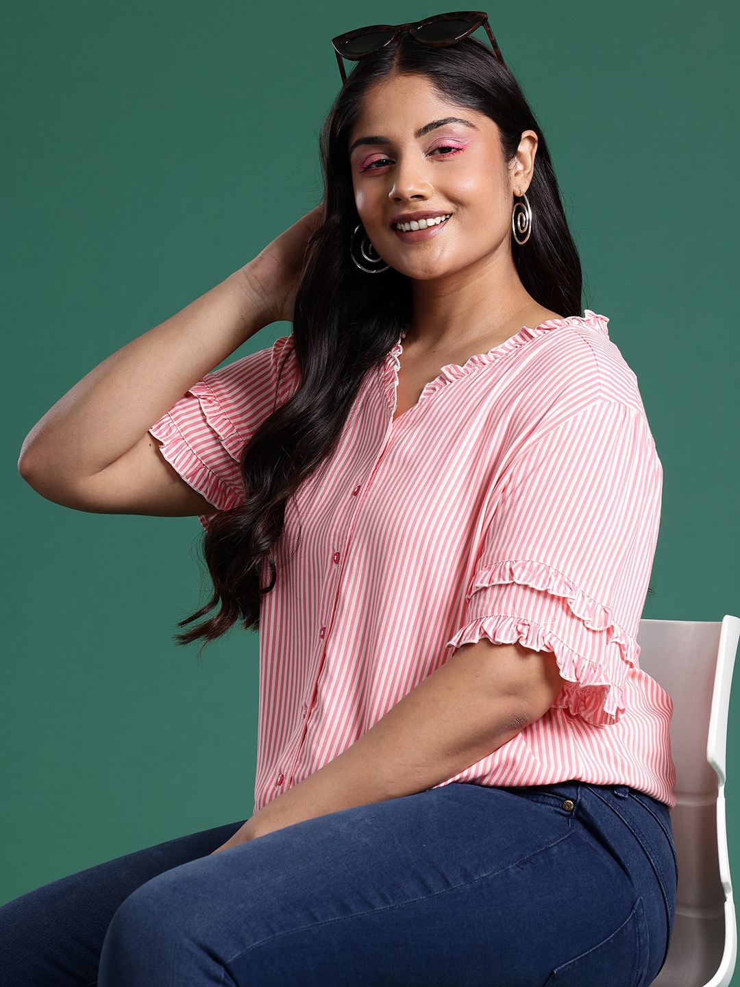 

DressBerry Curve Plus Size Striped Ruffles Top, Pink