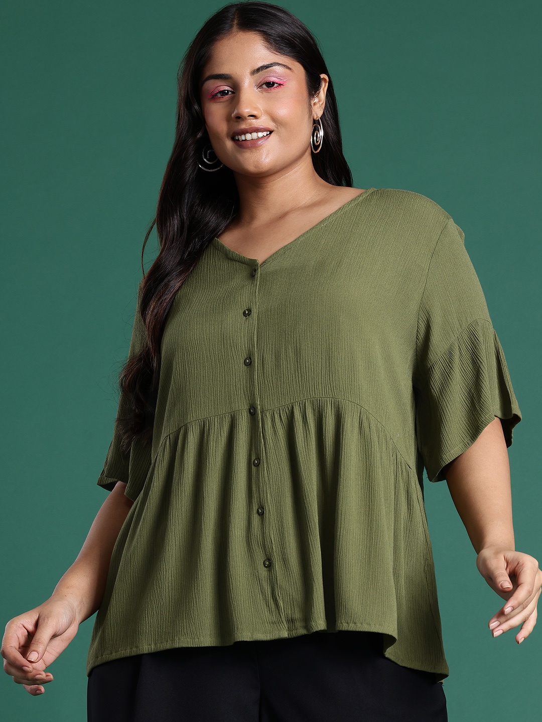 

DressBerry Curve Plus Size Flared Sleeves Top, Green