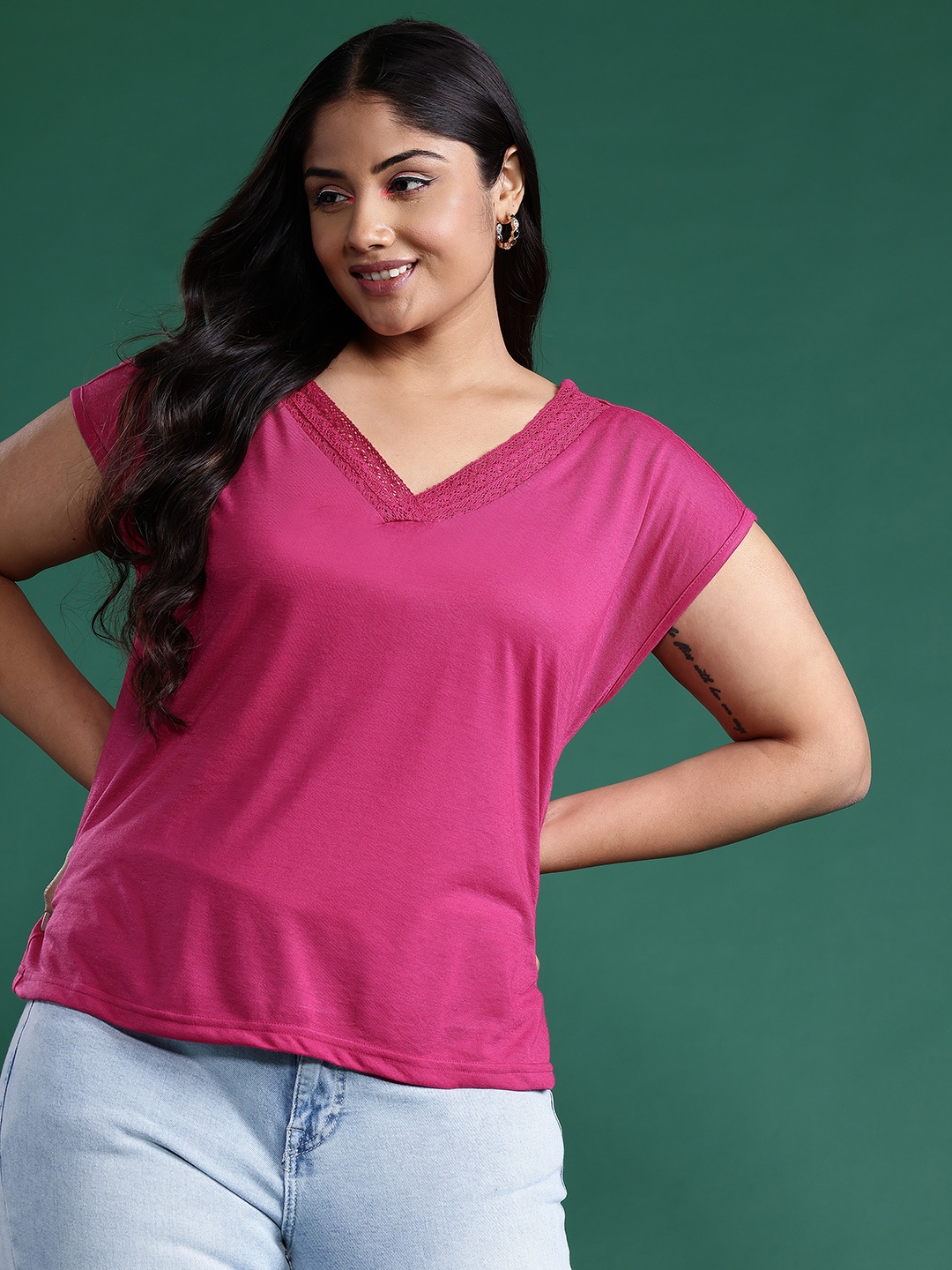 

DressBerry Curve Plus-Size V-Neck Top, Pink