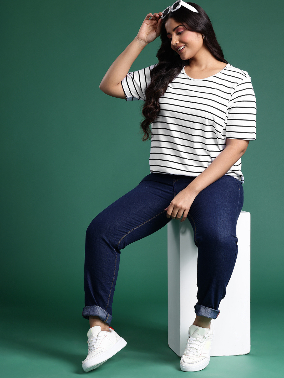 

DressBerry Plus Size Striped Monochrome Pure Cotton T-shirt, White