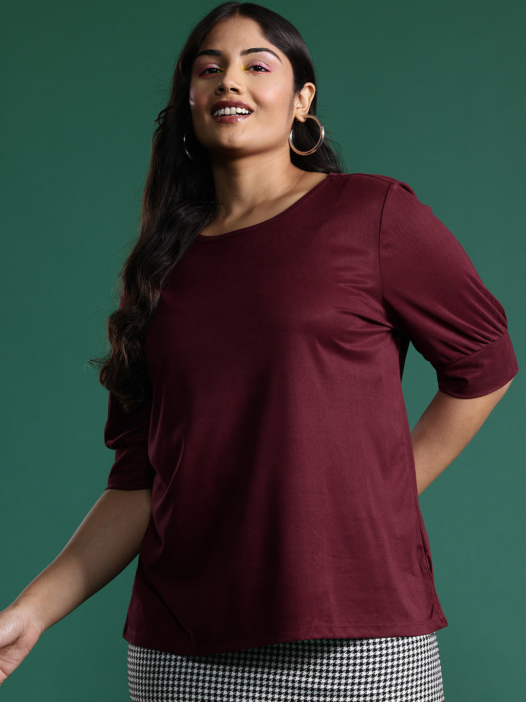 

DressBerry Curve Plus Size Puff Sleeve Top, Burgundy