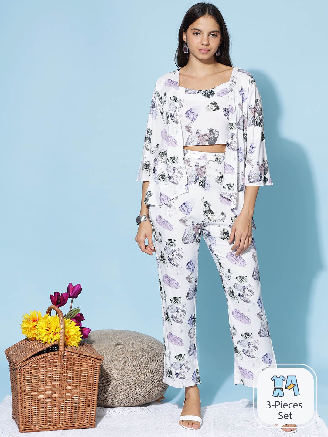

9shines Label Conversational Printed Crop Top With Trousers & Jacket, White