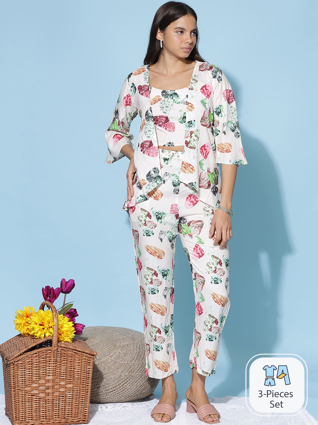 

9shines Label Geometric Printed Sleeveless Crop Top With Trousers & Shrug, Peach