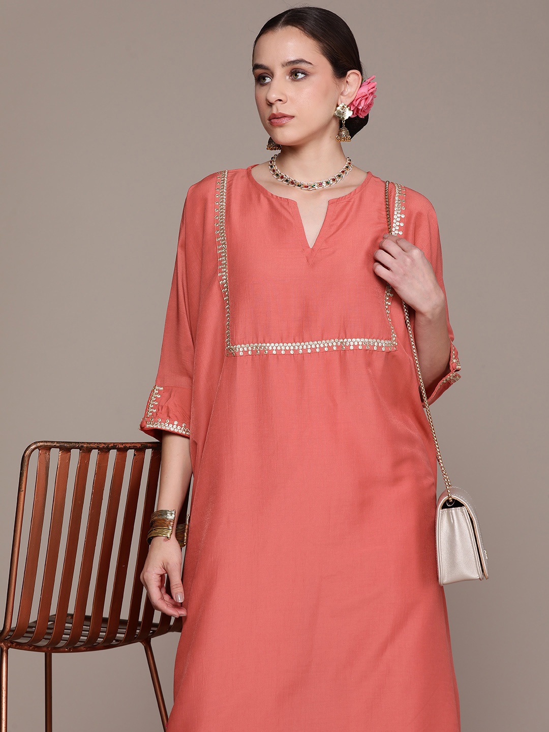 

Moda Rapido Thread Embroidery Detail A-Line Round Neck Kurta, Rust