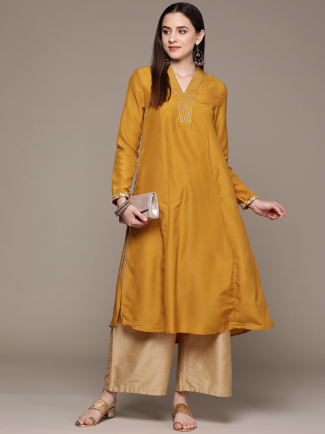 

Moda Rapido Gotta-Patti Embroidered Panelled A-Line Kurta, Mustard