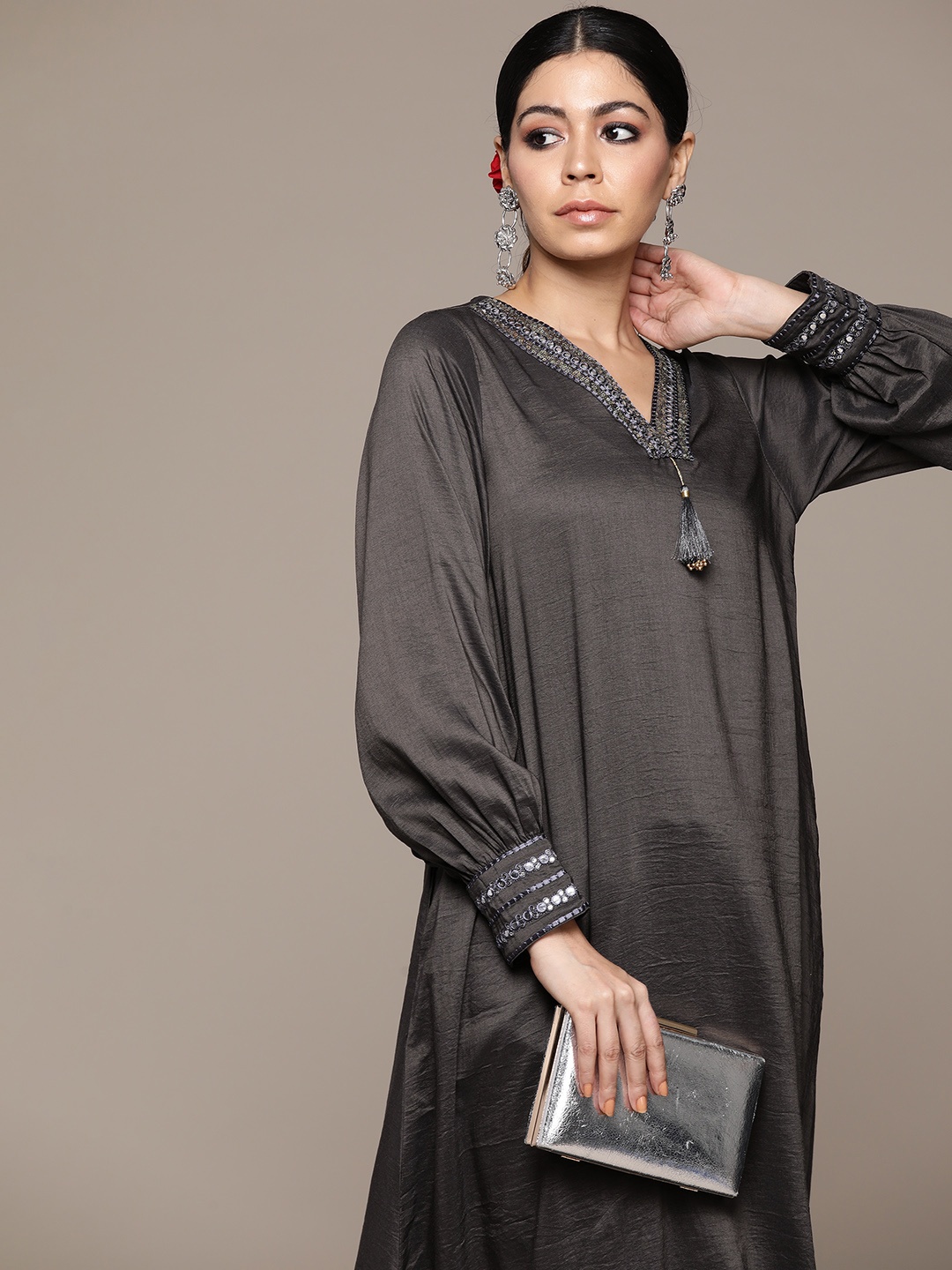 

Moda Rapido Sequin Detailed Puff Sleeves A-Line Kurta, Charcoal