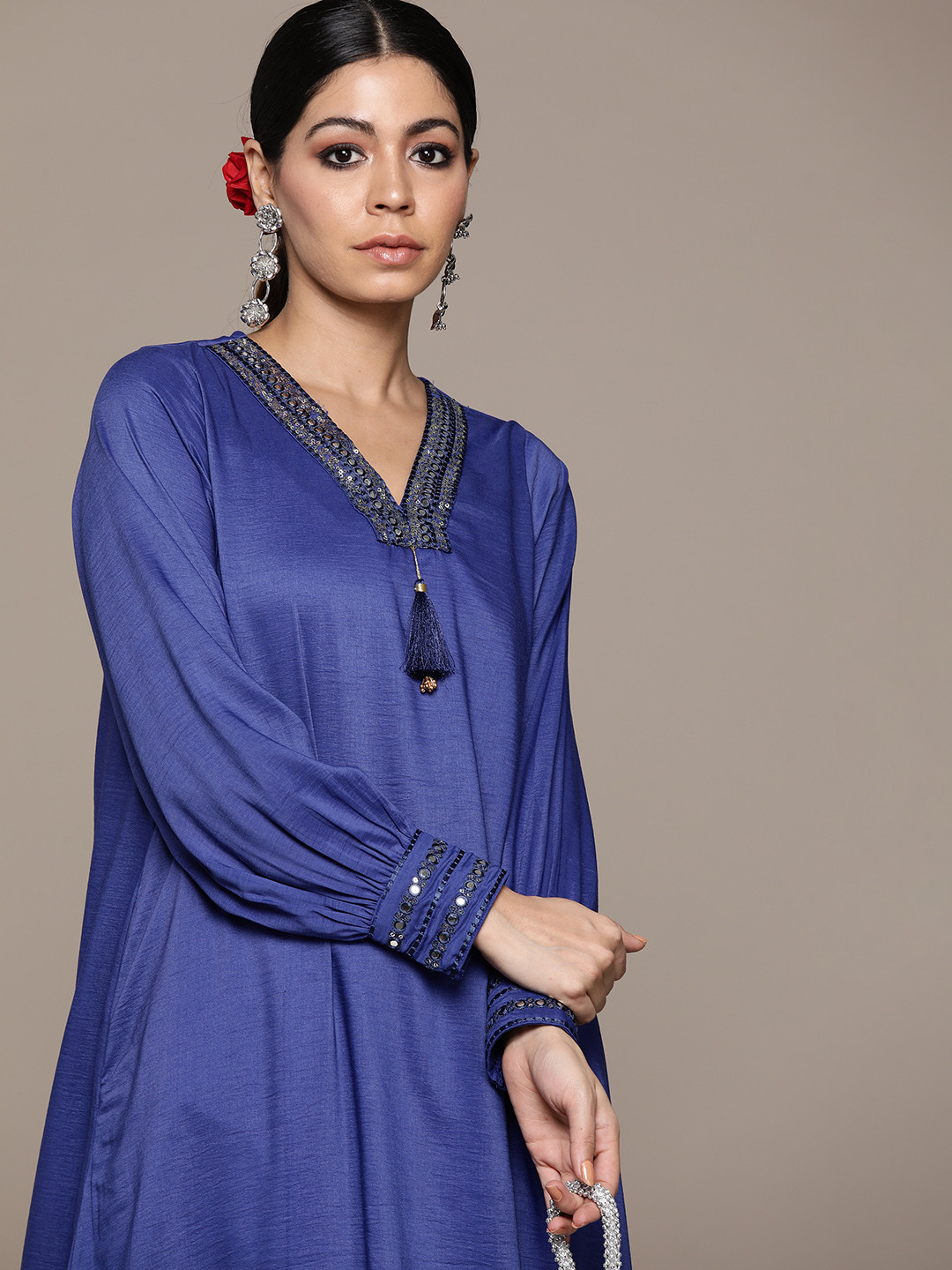 

Moda Rapido Sequin Detailed Puff Sleeves A-Line Kurta, Navy blue