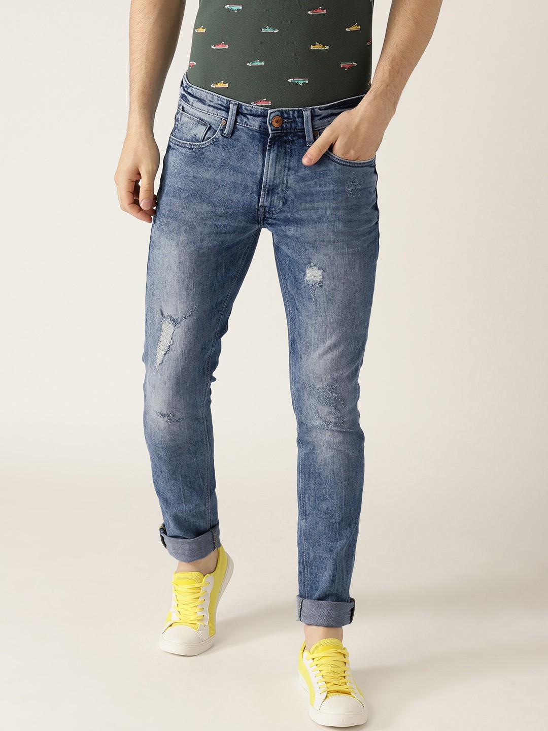 

United Colors of Benetton Men Blue Skinny Fit Mid-Rise Low Distress Stretchable Jeans