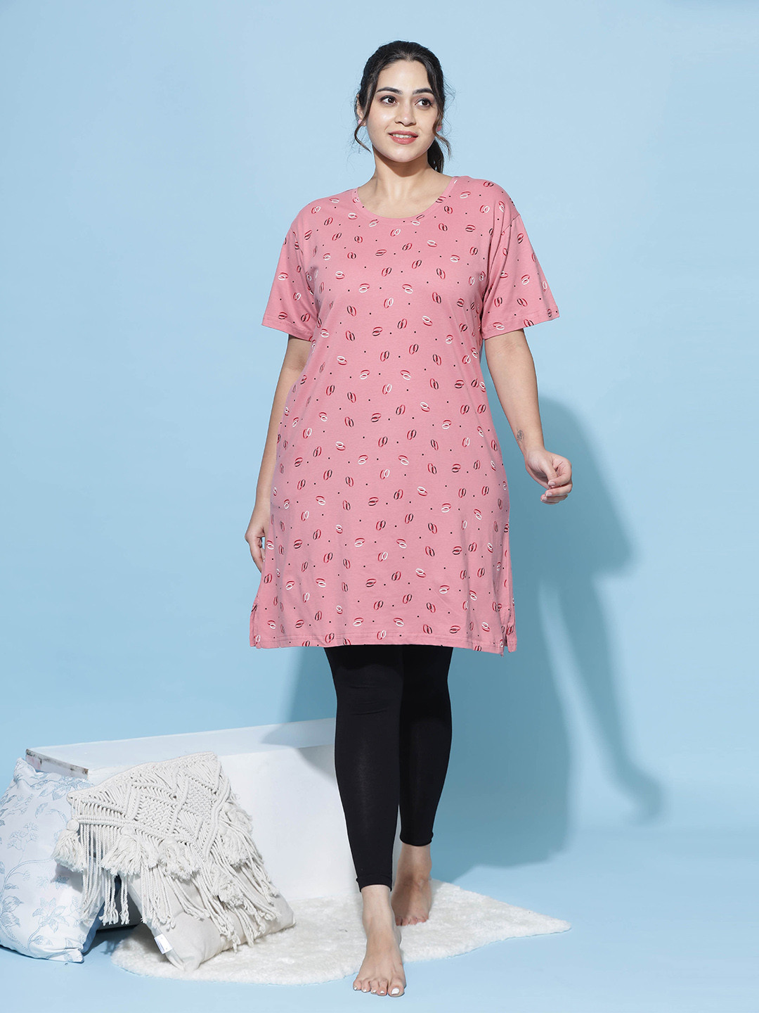 

9shines Label Geometric Printed Pure Cotton Nightdress, Peach