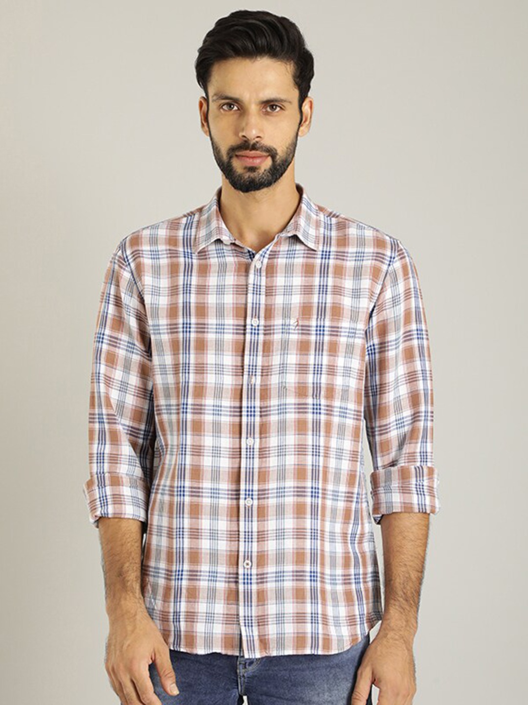 

Indian Terrain Classic Tartan Checks Linen Cotton Casual Shirt, Peach