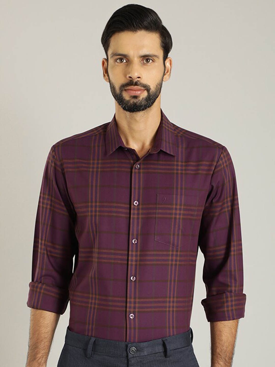 Indian Terrain Classic Tartan Checks Spread Collar Cotton Casual Shirt, Purple