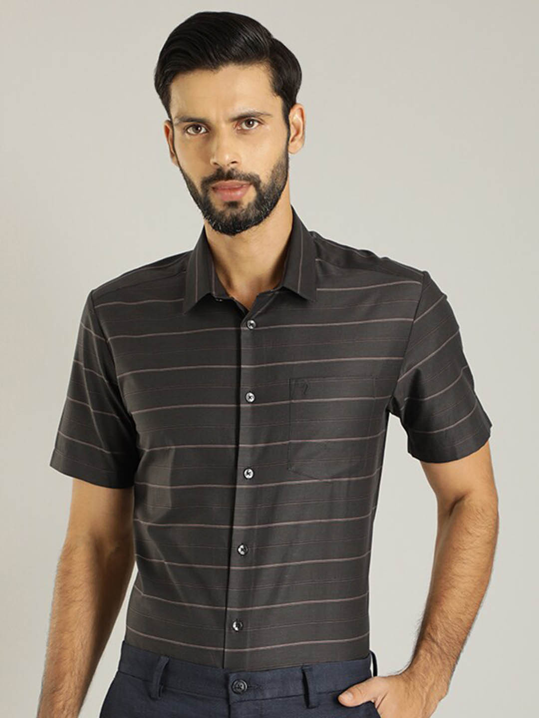 

Indian Terrain Classic Horizontal Stripes Pure Cotton Formal Shirt, Black