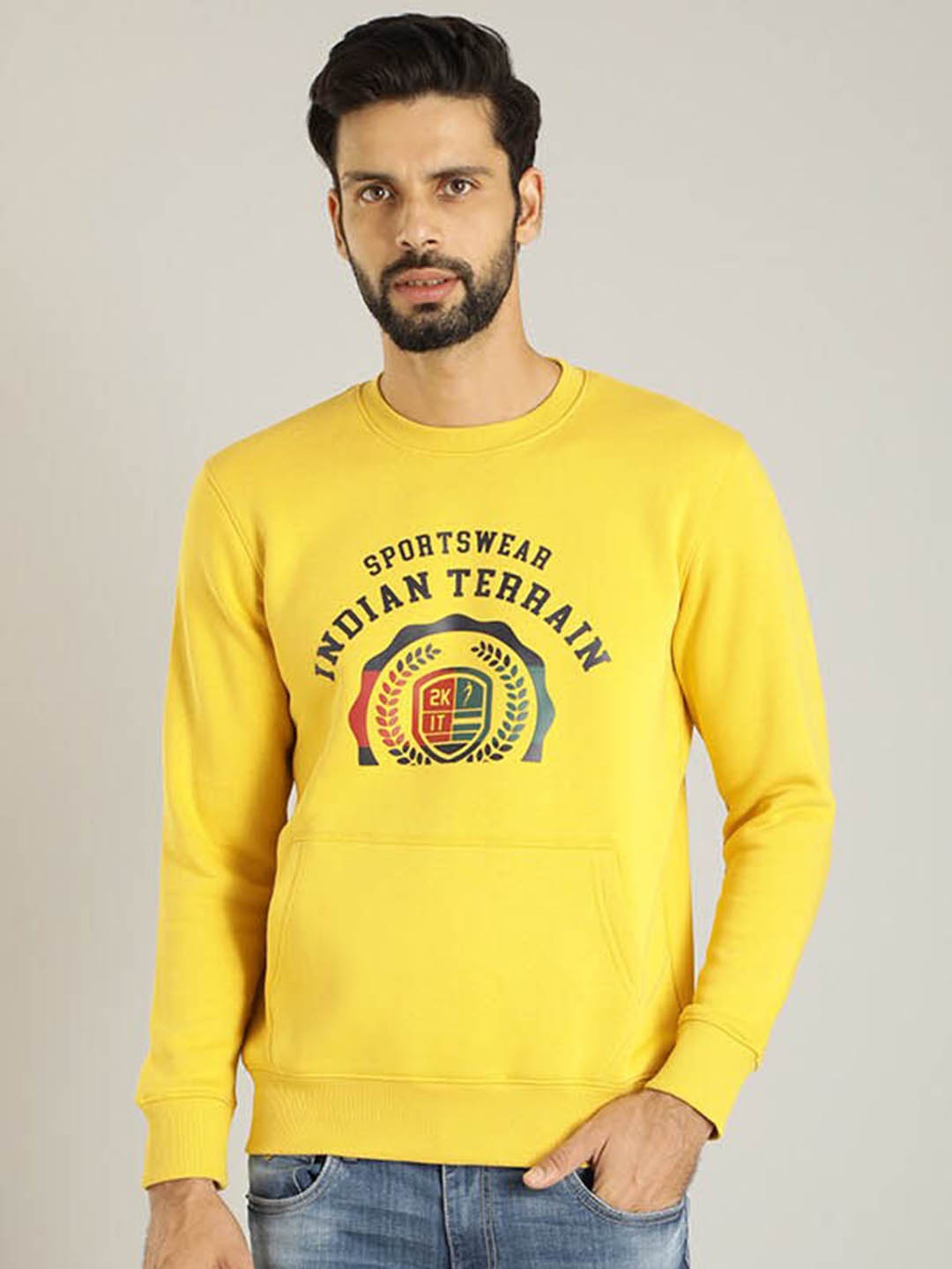 Indian Terrain Typography Printed Pullover Sweatshirt, Yellow