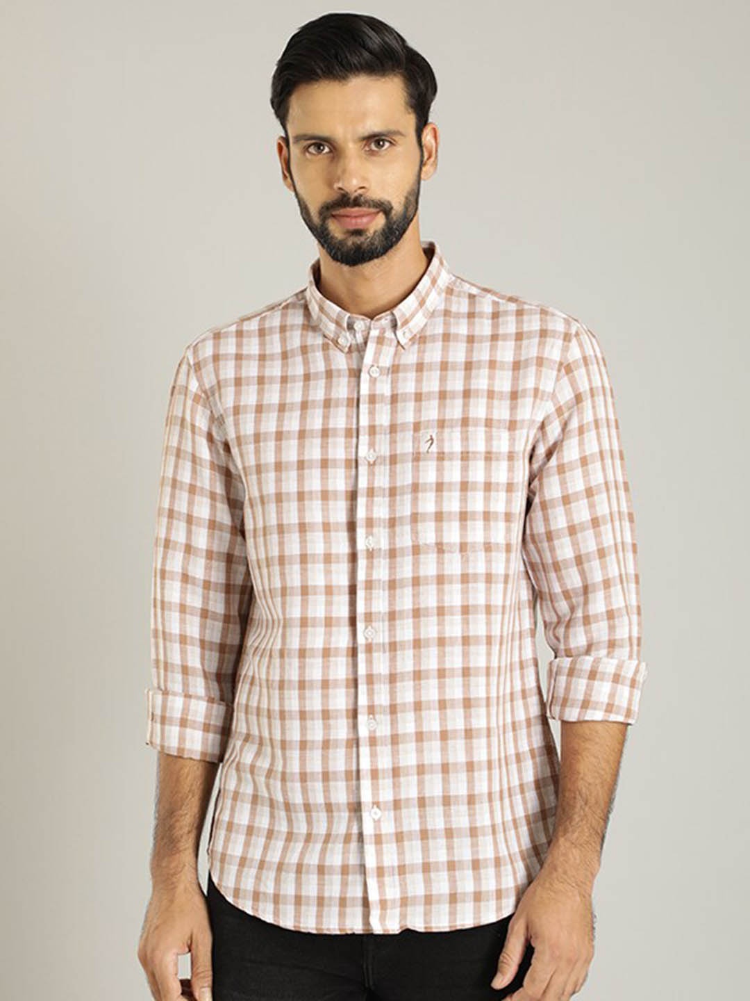 

Indian Terrain Classic Tartan Checked Linen Cotton Casual Shirt, Brown