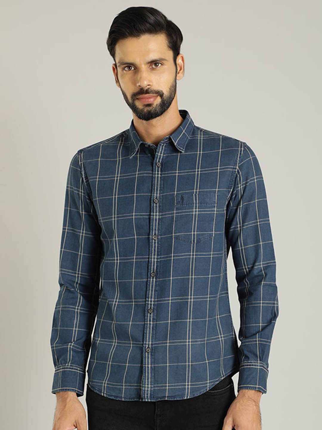 

Indian Terrain Tartan Checked Classic Slim Fit Opaque Cotton Casual Shirt, Blue