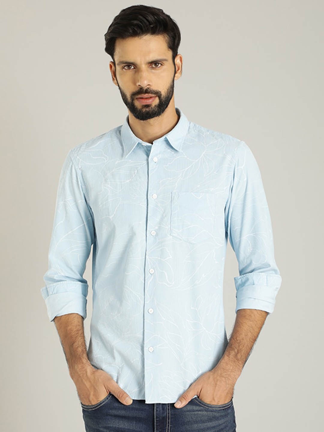 

Indian Terrain Classic Slim Fit Floral Printed Casual Shirt, Blue