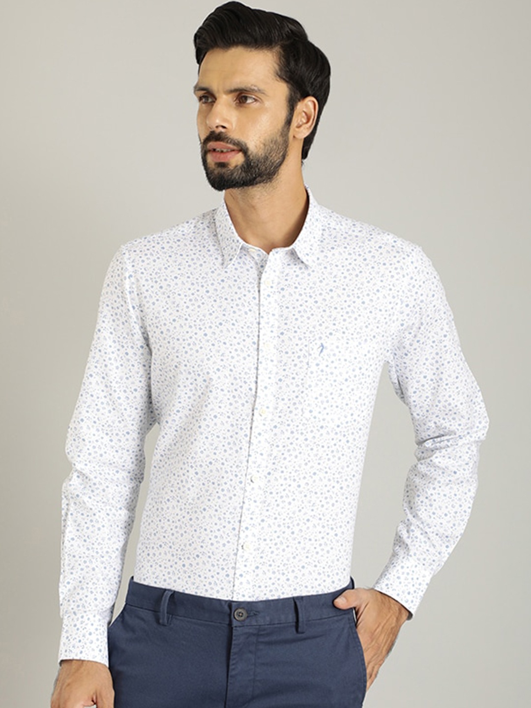 

Indian Terrain Classic Floral Printed Spread Collar Cotton Casual Shirt, White