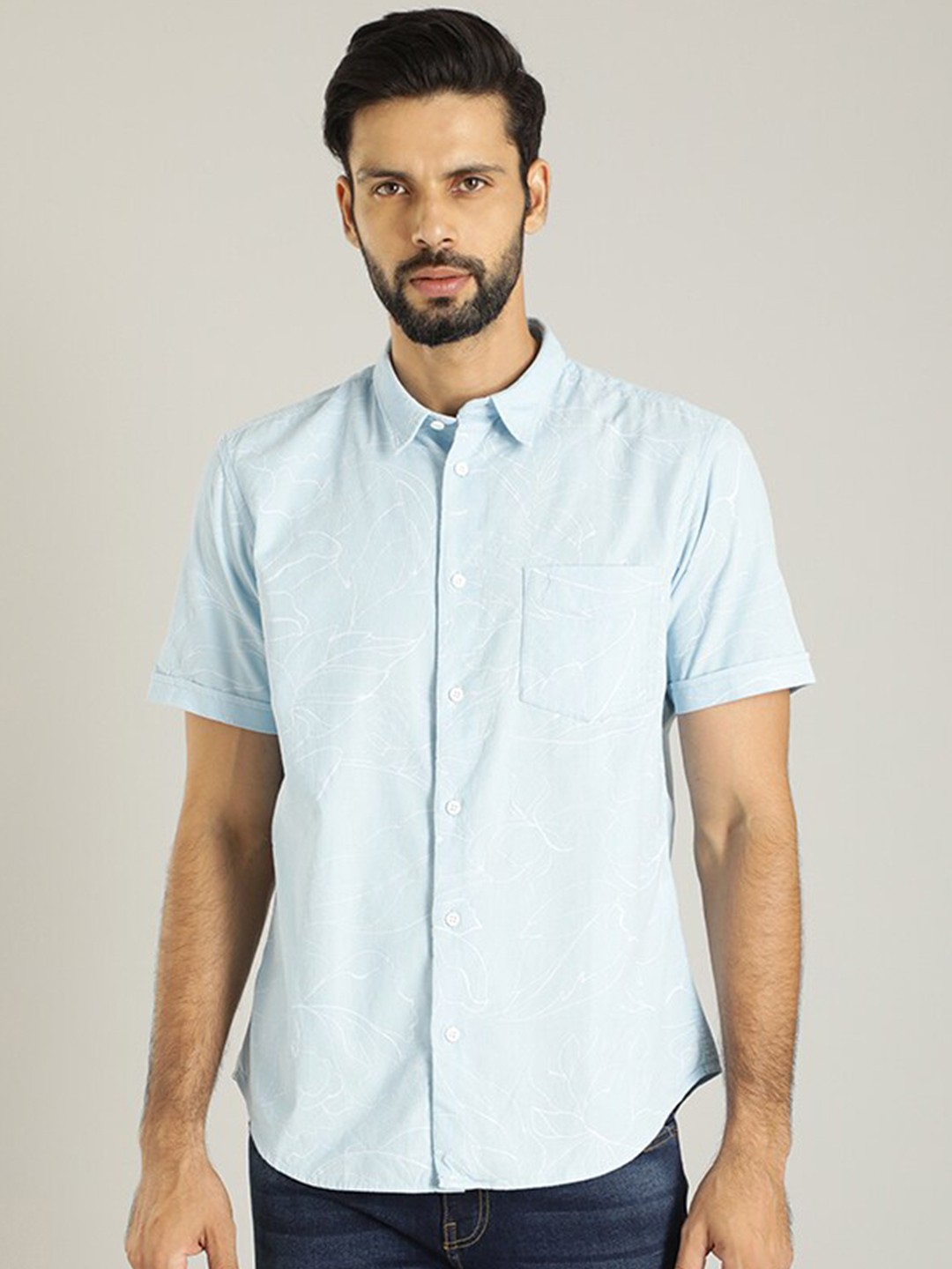 

Indian Terrain Classic Fit Floral Printed Spread Collar Casual Pure Cotton Shirt, Blue