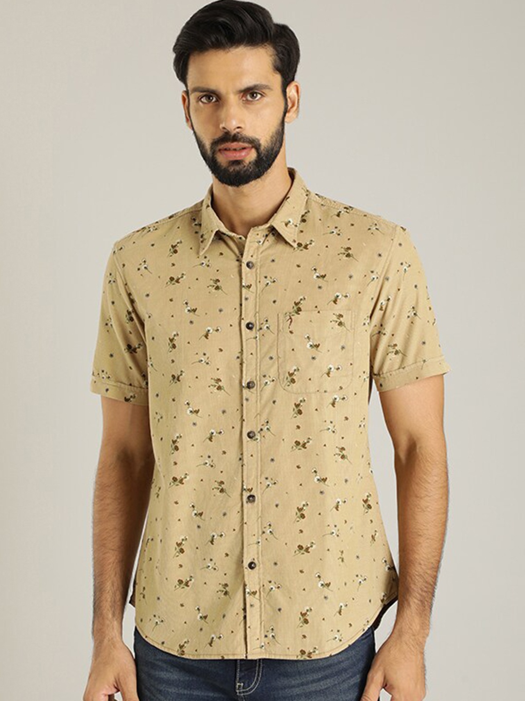 Indian Terrain Classic Floral Printed Pure Cotton Casual Shirt, Khaki