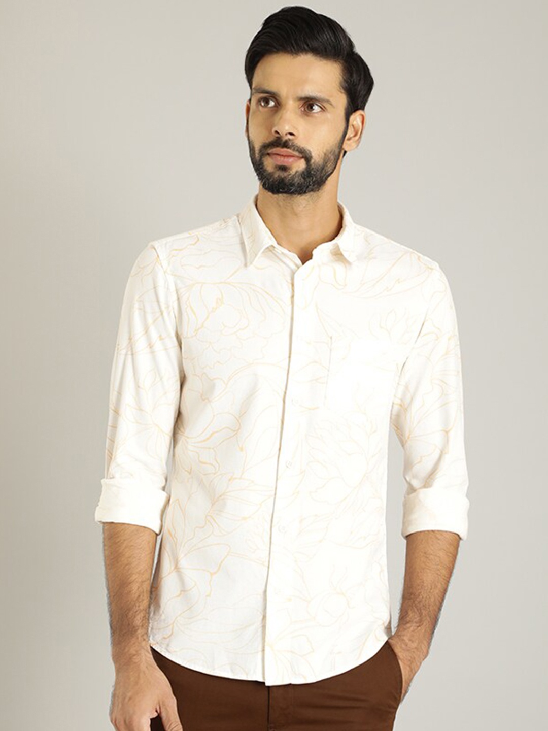 

Indian Terrain Classic Slim Fit Floral Printed Pure Cotton Casual Shirt, White